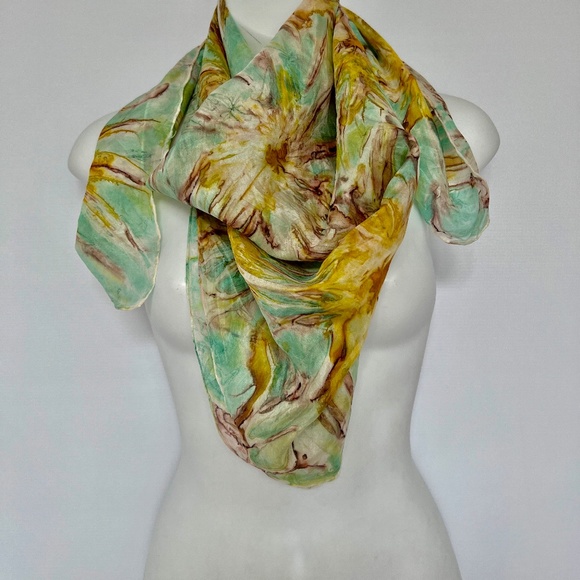 Vtg Silk Scarf Abstract Floral Water Colour Hand Stitched Edge Square 37" x 36" - Picture 4 of 7